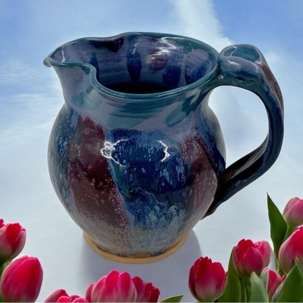 Vintage Mid-Century-Modern Handmade Studio Pottery Pitcher Blue Colored Signed - Picture 4 of 9